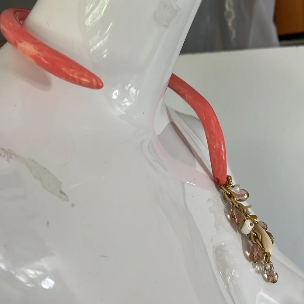 Coral Lightly Marbled Acetate Lucite Cuff Necklace w Chain Cluster of Crystals